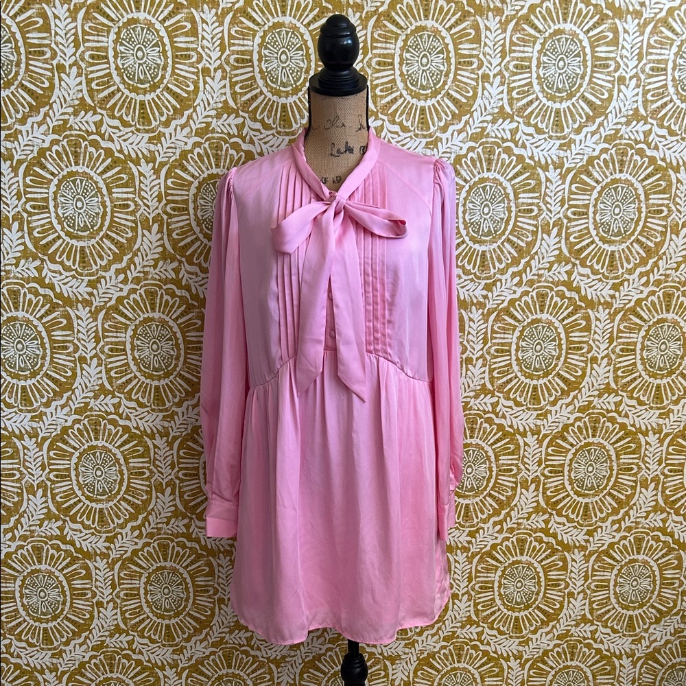 Self-Portrait Satin Viscose Puff-Sleeve Bow-Neck Mini Dress Bubblegum Pink Sz 8 - Picture 8 of 16